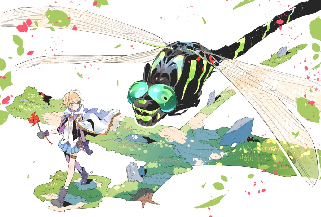 1girl ahoge animal blonde_hair blue_eyes blue_gloves blue_skirt boots capelet dragonfly flying gloves grass holding insect legband looking_at_another looking_to_the_side original oversized_animal pleated_skirt shirt short_hair skirt standing tajima_ryuushi walking white_background white_capelet white_shirt