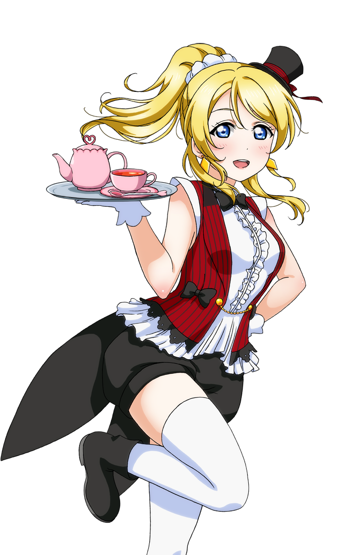 1girl artist_request ayase_eli bare_shoulders blonde_hair blue_eyes blush bow bowtie breasts cup earrings frills gloves hand_on_hip hat holding jewelry korekara_no_someday long_hair looking_at_viewer love_live! love_live!_school_idol_festival love_live!_school_idol_festival_after_school_activity love_live!_school_idol_project mini_hat official_art open_mouth pinstripe_pattern ponytail puffy_shorts shorts smile solo spoon striped teacup teapot teaspoon thigh-highs transparent_background vest white_gloves