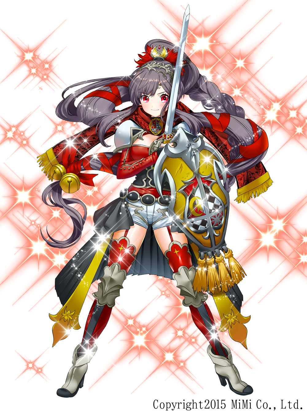 &gt;:) 1girl armor bangs bell belt blue_hair blush boots braid braided_ponytail breasts bustier cleavage_cutout eyebrows_visible_through_hair fingerless_gloves full_body gloves hair_bell hair_ornament high_heel_boots high_heels highres holding holding_shield holding_sword holding_weapon insignia large_breasts long_hair looking_at_viewer official_art ogino_atsuki pauldrons red_eyes scarf shield shinyaku_arcana_slayer short_shorts shorts smile solo sparkle_background standing suspenders sword tiara very_long_hair waist_cape watermark weapon