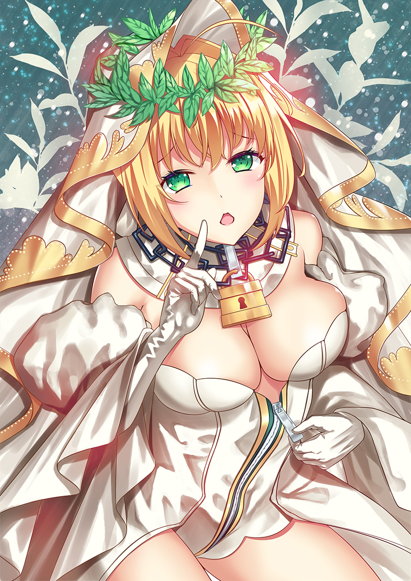 1girl ahoge bangs blonde_hair blush breasts chains cleavage cowboy_shot detached_sleeves fate/extra fate/extra_ccc fate_(series) gloves green_eyes large_breasts laurel_crown leotard lock long_sleeves looking_at_viewer majin_(kiidoumajin) naughty_face open_mouth padlock saber_bride saber_extra solo unzipping veil white_gloves white_leotard wide_sleeves zipper