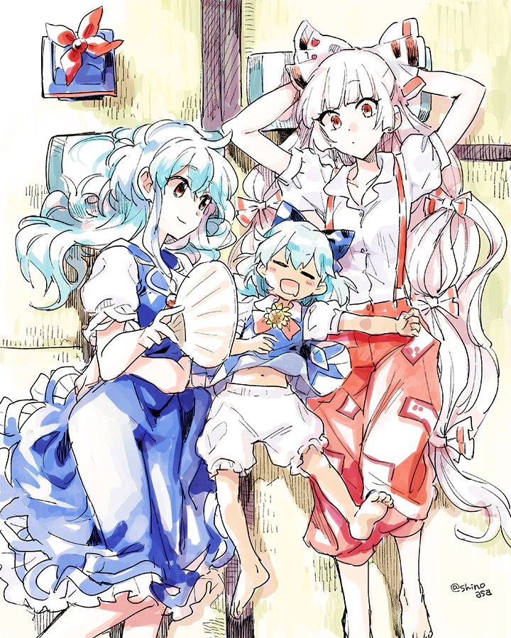 3girls bangs barefoot bloomers blue_hair blunt_bangs bow brown_eyes cirno collared_shirt dress fan flower frilled_dress frills fujiwara_no_mokou hair_bow hat hat_removed headwear_removed kamishirasawa_keine long_hair lying midriff multiple_girls paper_fan pillow puffy_pants puffy_short_sleeves puffy_sleeves red_eyes shinoasa shirt short_sleeves smile sunflower suspenders tanned_cirno tatami touhou twitter_username underwear white_hair |d