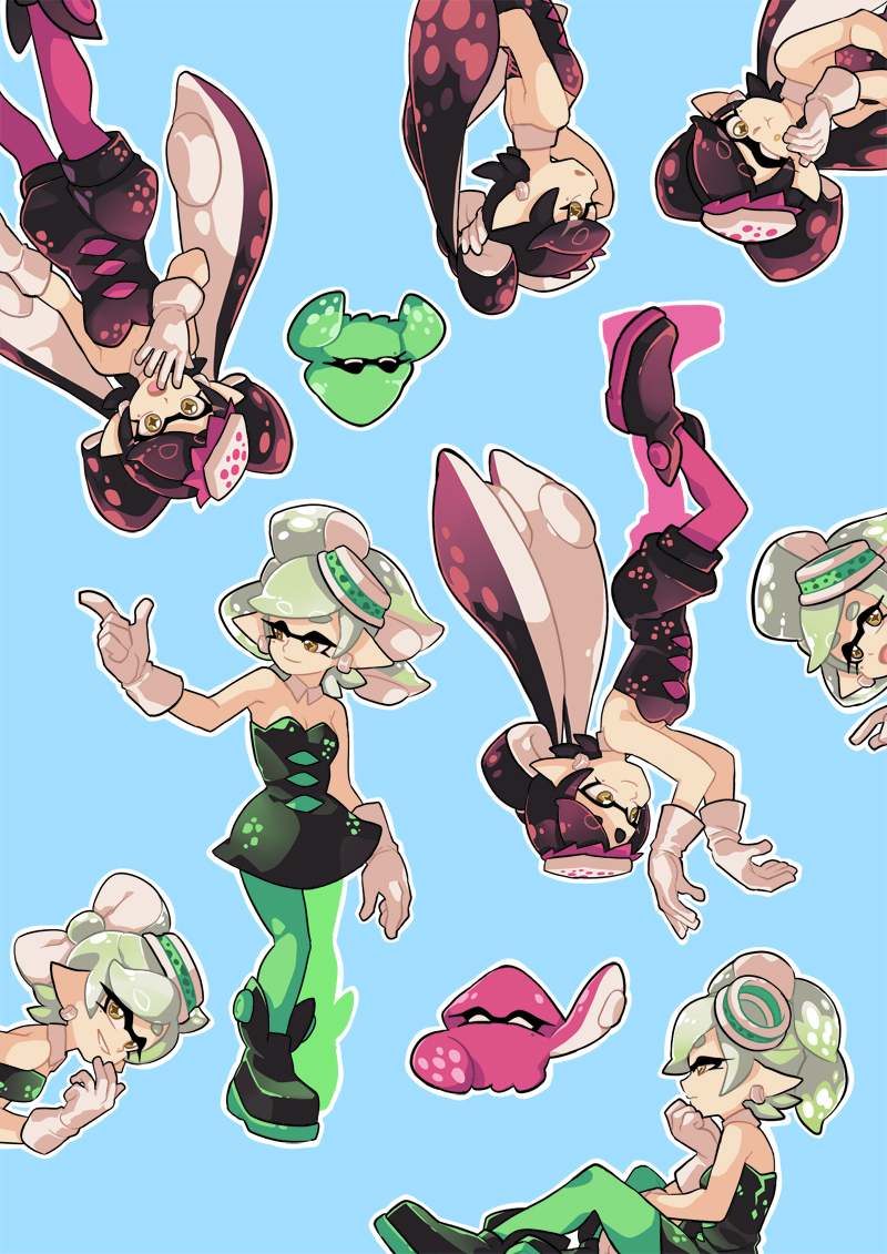 +_+ 2girls ankle_boots aori_(splatoon) black_boots black_dress black_jumpsuit blue_background boots closed_eyes closed_mouth cousins detached_collar domino_mask dress earrings expressions food food_on_face food_on_head gloves green_legwear grey_hair grin hotaru_(splatoon) invisible_chair jewelry long_hair looking_at_viewer mask mole mole_under_eye multiple_girls object_on_head open_mouth pointy_ears poses purple_legwear short_dress short_hair short_jumpsuit simple_background sitting smile splatoon squid squidbeak_splatoon standing strapless strapless_dress sushi tentacle_hair white_gloves wong_ying_chee