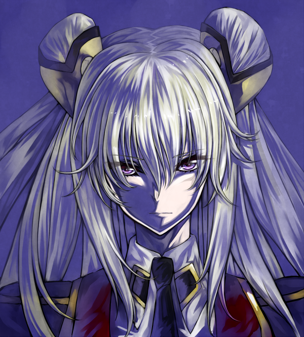 1girl bangs black_necktie blonde_hair closed_mouth code_geass code_geass:_boukoku_no_akito dannrei3636 expressionless hair_ornament leila_(code_geass) long_hair looking_at_viewer necktie portrait solo two_side_up violet_eyes