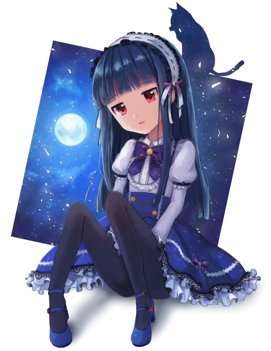 1girl bangs black_legwear blue_hair blunt_bangs blush cat dress frills gothic_lolita hairband idolmaster idolmaster_cinderella_girls idolmaster_cinderella_girls_starlight_stage komoe_(hinagatu) lolita_fashion lolita_hairband long_hair moon pantyhose red_eyes sajou_yukimi silhouette smile solo