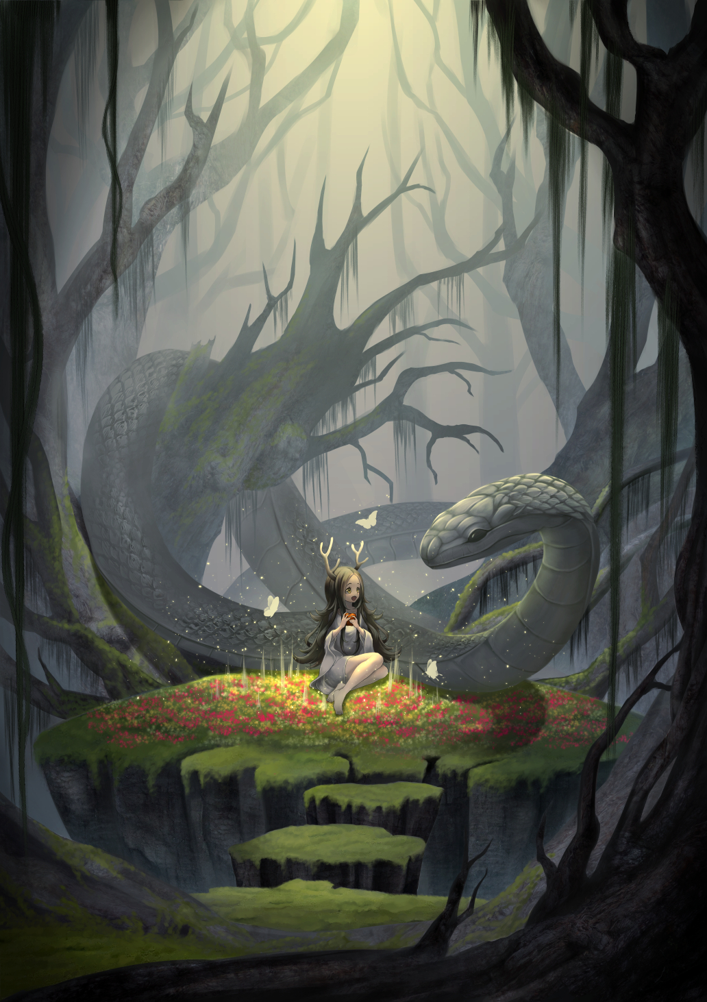 1girl :d animal antlers artist_request bare_legs barefoot butterfly dress flower_bed food forest fruit giant_snake grass green_hair highres holding holding_fruit horns long_hair looking_at_another nature open_mouth original oversized_animal scenery shadow sitting smile snake white_dress