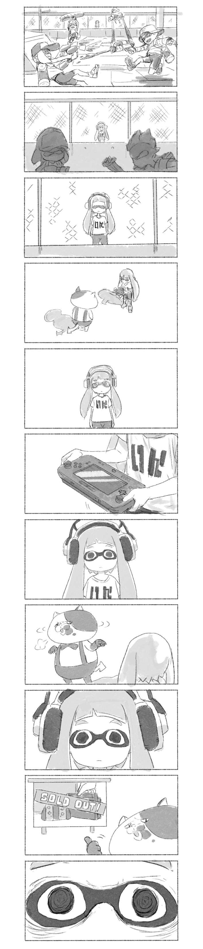 2boys 3girls :| absurdres baseball_cap battle bionekojita bow bowtie cat chain-link_fence close-up closed_mouth comic commentary_request controller domino_mask expressionless eyes fence game_console game_controller greyscale hat headphones highres holding holding_weapon inkling jajji-kun_(splatoon) joy-con long_hair long_image long_sleeves mask monochrome multiple_boys multiple_girls nintendo nintendo_switch nintendo_switch_dock pointing pointy_ears shirt short_hair short_sleeves shorts silent_comic splat_dualies_(splatoon) splat_roller_(splatoon) splatoon splatoon_2 standing suspenders t-shirt tall_image tentacle_hair weapon wii_u wii_u_gamepad