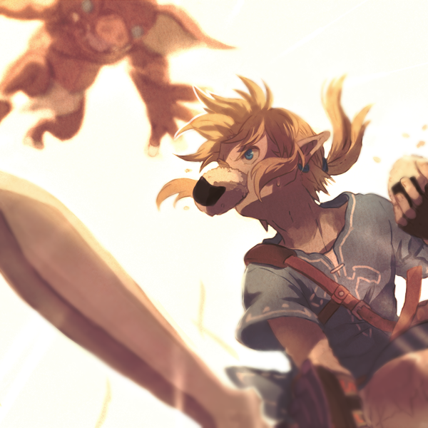 1boy battle blonde_hair blue_clothes blue_eyes blue_shirt blurry bokoblin depth_of_field eating food food_in_mouth from_below highres holding holding_sword holding_weapon jumping kutta link looking_at_another looking_down looking_up monster mouth_hold nintendo onigiri pointy_ears shirt short_hair short_sleeves sword the_legend_of_zelda the_legend_of_zelda:_breath_of_the_wild weapon