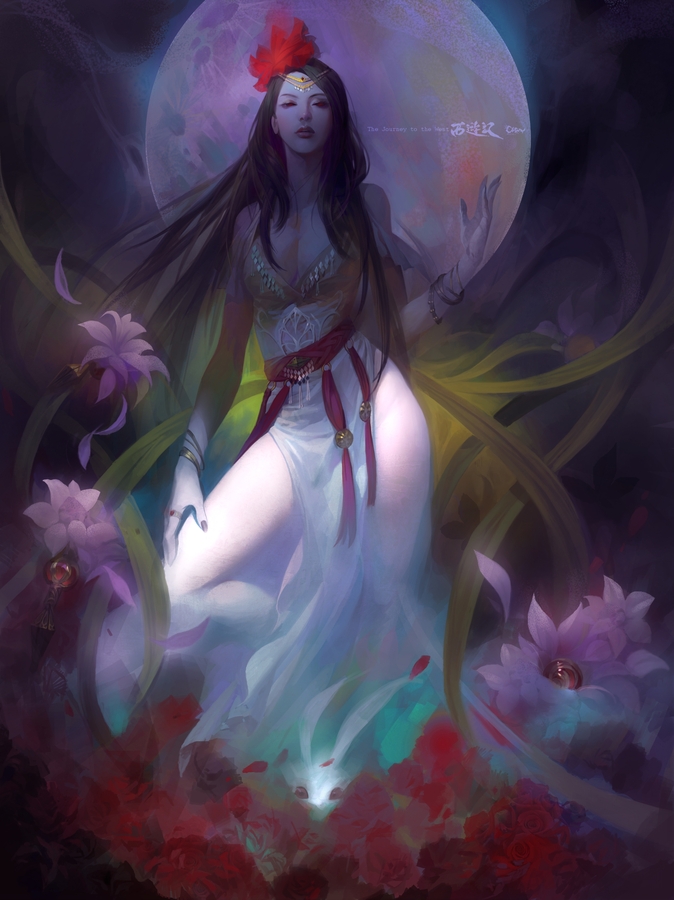 1girl bangle black_hair bracelet breasts chang'e circlet cleavage copyright_name dress fengweic12 full_moon hair_ornament hand_on_own_leg jewelry journey_to_the_west long_hair looking_at_viewer moon nail night pale_skin ring solo standing white_dress