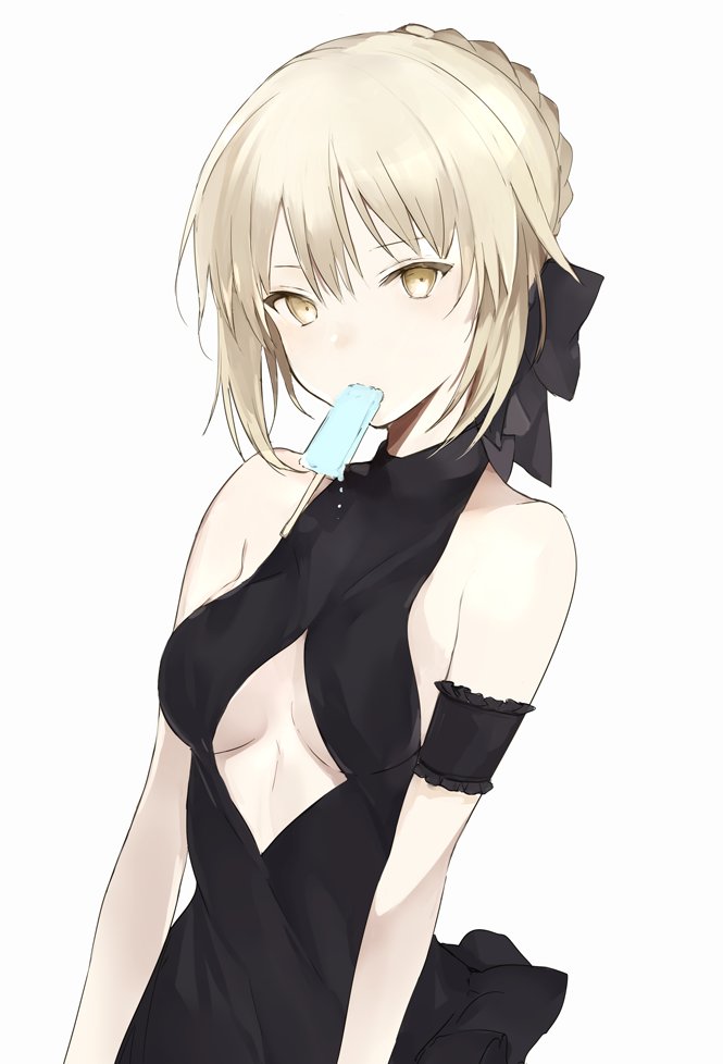1girl arm_garter artoria_pendragon_(all) bare_shoulders black_dress blonde_hair braid breasts cleavage_cutout dark_persona dress fate/stay_night fate_(series) food french_braid hair_between_eyes hair_ribbon looking_at_viewer lpip medium_breasts mouth_hold popsicle ribbon saber_alter short_hair simple_background sleeveless sleeveless_dress solo strapless strapless_dress upper_body white_background yellow_eyes