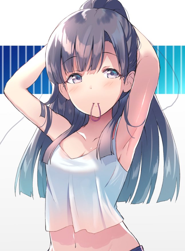 1girl armpits arms_up bangs black_hair blush breasts brown_eyes closed_mouth crop_top eyebrows_visible_through_hair hair_tie holding holding_hair idolmaster idolmaster_cinderella_girls kobayakawa_sae long_hair looking_away looking_to_the_side medium_breasts midriff mouth_hold navel ponytail shirt simple_background solo tank_top tying_hair ultone_(neisiss) white_shirt