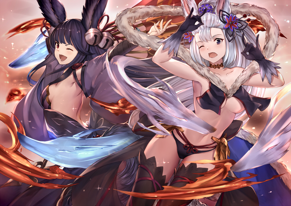 2girls ;d ;o animal_ears backless_outfit bell black_gloves black_hair black_legwear blue_eyes breasts choker cleavage cosplay costume_switch dress erun_(granblue_fantasy) fangs fox_shadow_puppet from_side gloves granblue_fantasy hair_bell hair_ornament jingle_bell large_breasts looking_at_viewer medium_breasts midriff multiple_girls navel one_eye_closed open_mouth outstretched_arms pak_ce red_eyes sideboob silver_hair smile socie_(granblue_fantasy) socie_(granblue_fantasy)_(cosplay) thigh-highs under_boob yuel_(granblue_fantasy) yuel_(granblue_fantasy)_(cosplay)