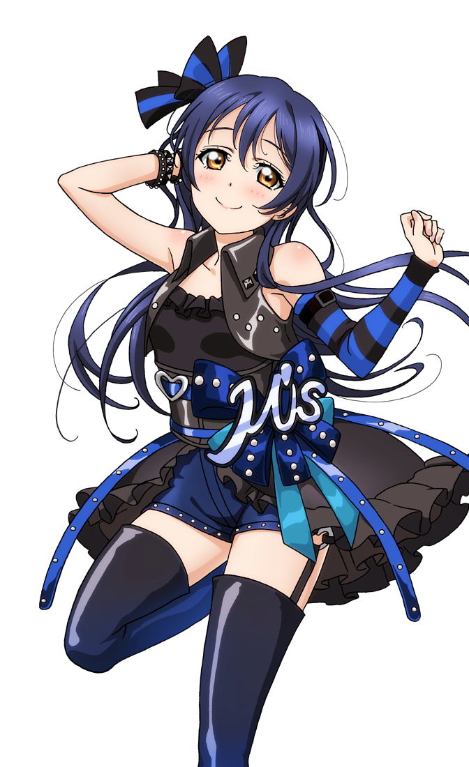 1girl armpits artist_request bangs bare_shoulders blue_hair blush boots bow bracelet breasts brown_eyes collarbone detached_sleeves garter_straps hair_bow jewelry looking_at_viewer love_live! love_live!_school_idol_festival love_live!_school_idol_festival_after_school_activity love_live!_school_idol_project official_art punk shorts single_detached_sleeve small_breasts smile solo sonoda_umi striped thigh-highs thigh_boots transparent_background