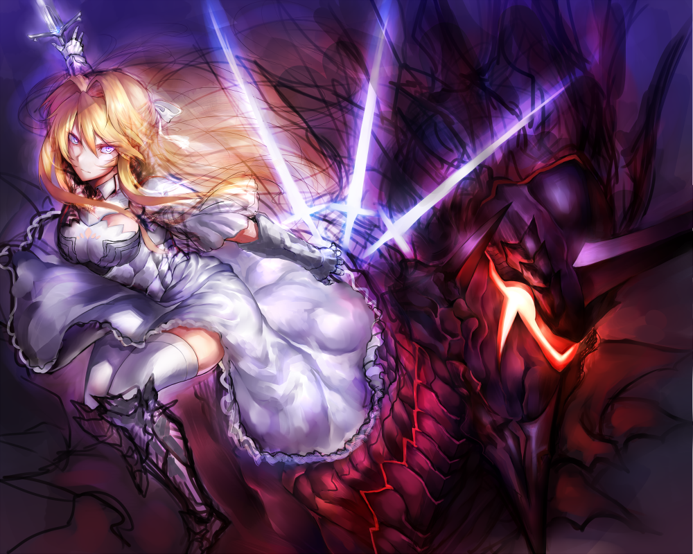 &gt;:| 1girl armor armored_dress blonde_hair breasts closed_mouth dannrei3636 dress full_body gauntlets glowing glowing_sword glowing_weapon greaves hair_between_eyes hair_intakes holding holding_sword holding_weapon large_breasts long_hair looking_at_viewer monster original outstretched_arms pink_eyes plackart spread_arms sword thigh-highs weapon white_dress white_legwear