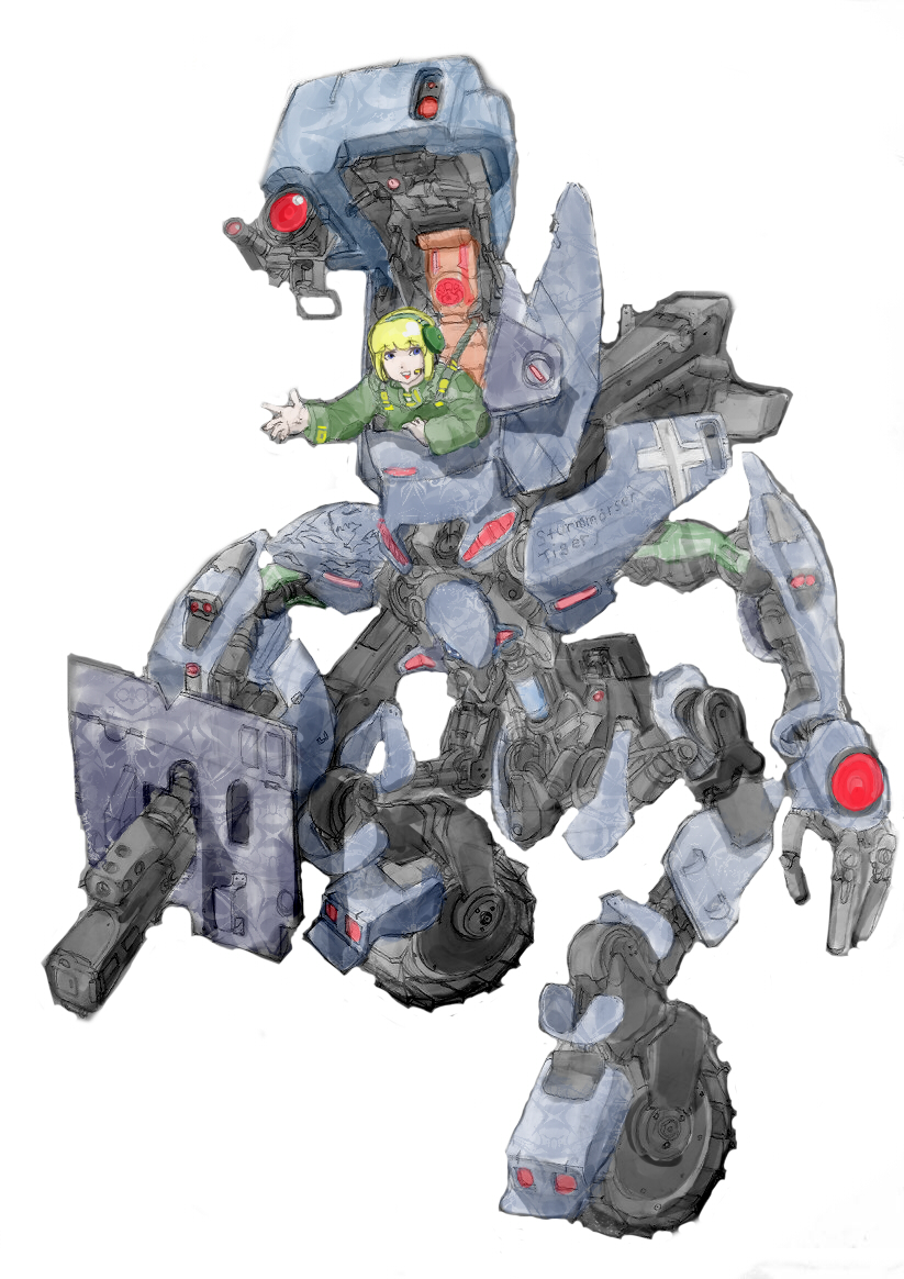 artist_request blonde_hair blue_eyes camouflage looking_at_viewer mecha mortar_(weapon) open_cockpit original pilot reverse_jointed_legs robot short_hair tagme weapon wheels