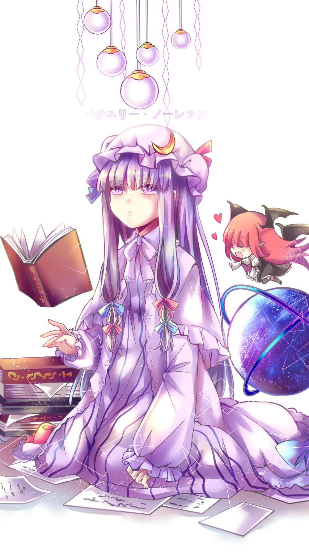 2girls :d ^_^ bangs bat_wings blue_bow blue_ribbon blush book book_stack bow capelet chibi closed_eyes closed_mouth crescent demon_girl dress expressionless globe hair_bow hair_ribbon hat head_wings heart highres koakuma long_hair long_sleeves mob_cap multiple_girls nga_(artist) open_book open_mouth patchouli_knowledge pointy_ears puffy_long_sleeves puffy_sleeves purple_hair red_bow red_ribbon ribbon sidelocks sitting smile striped touhou vertical-striped_dress vertical_stripes very_long_hair violet_eyes wings