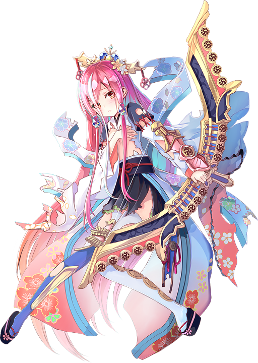 1girl absurdly_long_hair bow_(weapon) broken broken_weapon covering covering_breasts full_body hair_ornament hair_over_one_eye holding holding_bow_(weapon) holding_weapon jurakudai_(oshiro_project) long_hair official_art oshiro_project oshiro_project_re pink_hair red_eyes sho_(runatic_moon) thigh-highs torn_clothes transparent_background very_long_hair weapon white_legwear