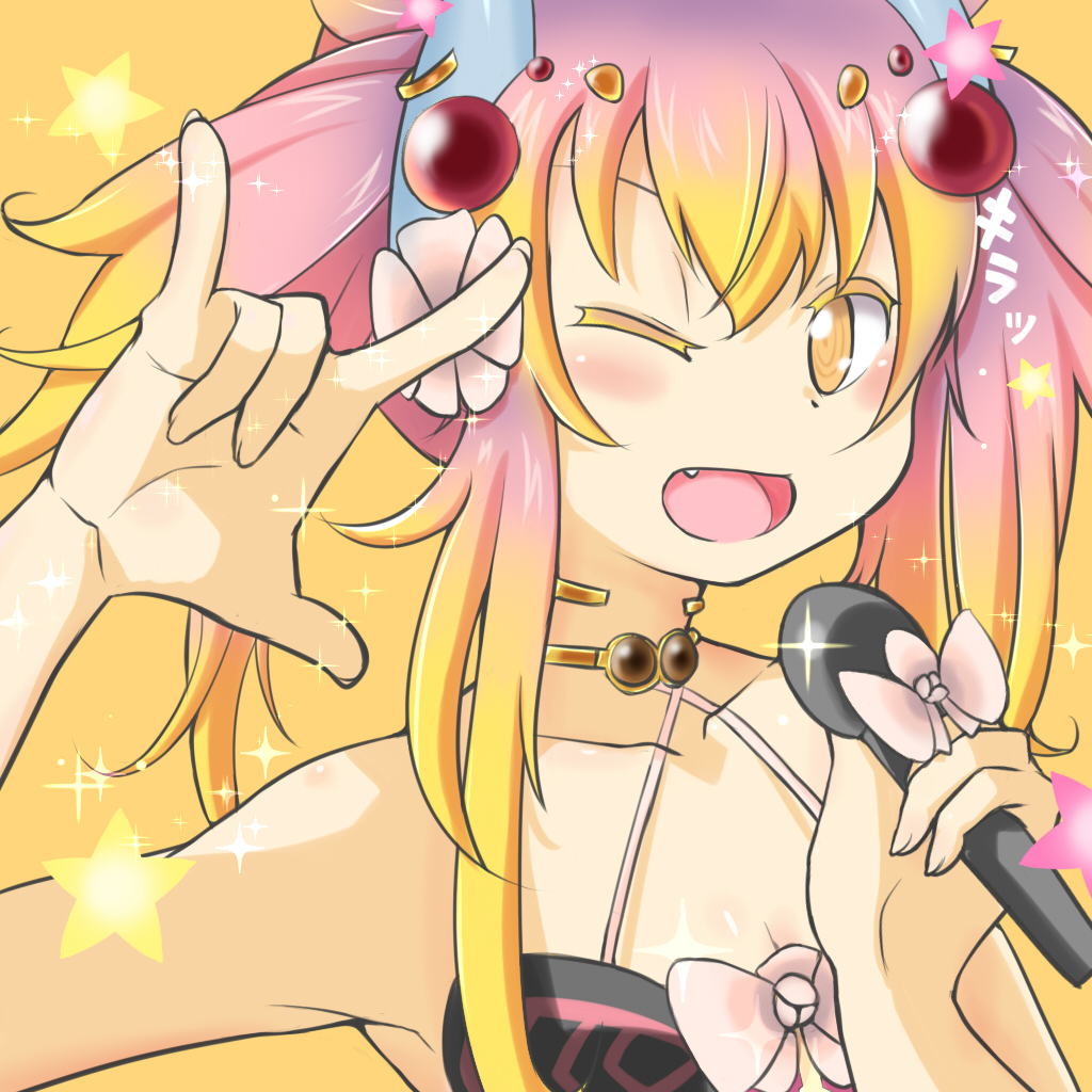 1girl \m/ blonde_hair check_commentary commentary commentary_request duel_monster fangs gradient_hair microphone multicolored_hair namesake one_eye_closed pud+854 seikan_hikou traptrix_mantis yellow_background yellow_eyes yu-gi-oh!