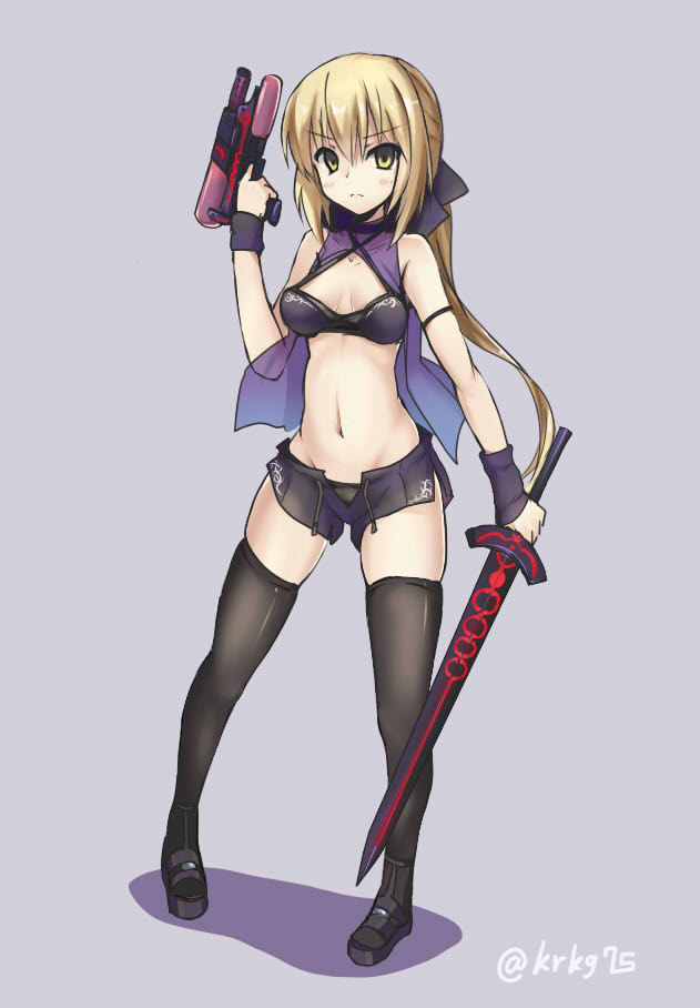 &gt;:( 1girl artoria_pendragon_(all) bare_shoulders black_legwear blonde_hair blush breasts dark_excalibur fate/grand_order fate_(series) full_body gun holding holding_gun holding_sword holding_weapon kurokage long_hair looking_at_viewer low_ponytail navel saber_alter short_shorts shorts small_breasts solo standing stomach sword thigh-highs water_gun weapon wristband yellow_eyes