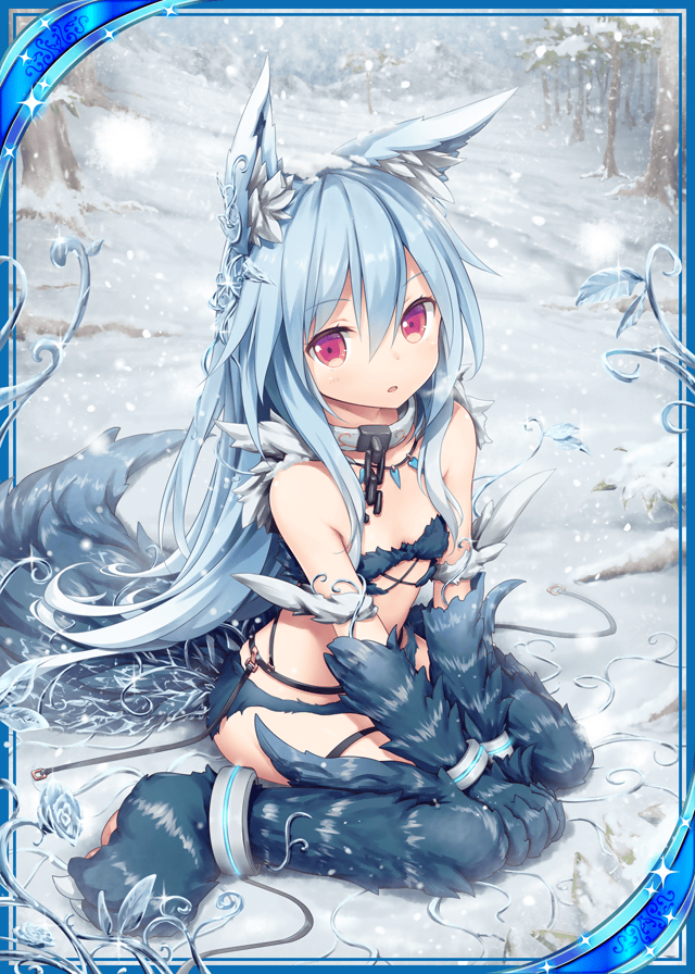 1girl akkijin animal_ears bare_shoulders blue_hair breasts card_(medium) cuffs day long_hair outdoors paws red_eyes shackles shinkai_no_valkyrie sidelocks sitting small_breasts snow snowing solo squall_(shinkai_no_valkyrie) tail very_long_hair wariza wolf_ears wolf_tail