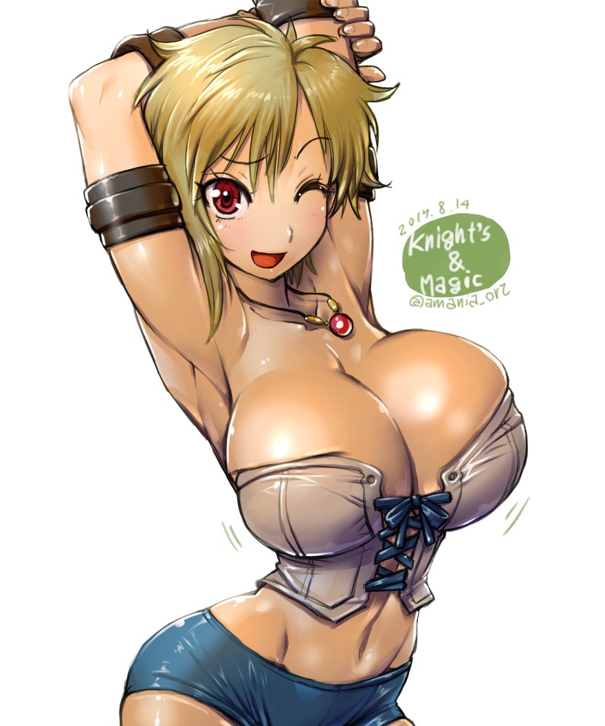 1girl amania_orz armband armpits arms_up blonde_hair breasts cleavage dated helvi_oberg hips jewelry knight's_and_magic large_breasts necklace one_eye_closed raised_eyebrow short_hair short_shorts shorts simple_background smile solo thighs twitter_username white_background