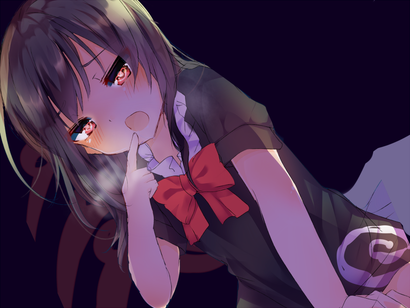 1girl bangs black_background black_dress black_hair bow bowtie breath dress dutch_angle eyebrows_visible_through_hair finger_to_mouth heart heart-shaped_pupils houjuu_nue karasusou_nano long_hair looking_at_viewer open_mouth red_bow red_bowtie red_eyes short_sleeves sidelocks simple_background solo symbol-shaped_pupils touhou