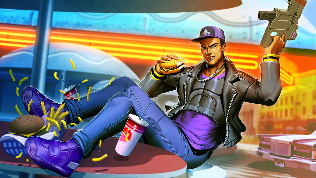 1boy agents_of_mayhem black_hair car dark_skin drink food genzoman ground_vehicle gun hamburger hat jacket jewelry kingpin_(agents_of_mayhem) male_focus motor_vehicle necklace sitting solo teeth weapon