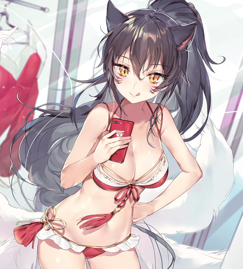 1girl :q adapted_costume ahri animal_ears bikini black_hair breasts cellphone changing_room cleavage contrapposto cowboy_shot dutch_angle eyebrows_visible_through_hair facial_mark front-tie_bikini front-tie_top hair_between_eyes hand_on_hip indoors joypyonn large_breasts league_of_legends long_hair mirror multiple_tails navel panties phone ponytail red_bikini self_shot side-tie_bikini smartphone solo swimsuit tail tongue tongue_out underwear very_long_hair yellow_panties
