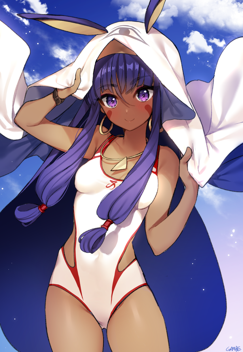 1girl blush breasts competition_swimsuit dark_skin day facial_mark fate/grand_order fate_(series) gambe_(seelunto) highres long_hair looking_at_viewer nitocris_(fate/grand_order) nitocris_(swimsuit_assassin)_(fate) one-piece_swimsuit purple_hair smile solo swimsuit veil violet_eyes