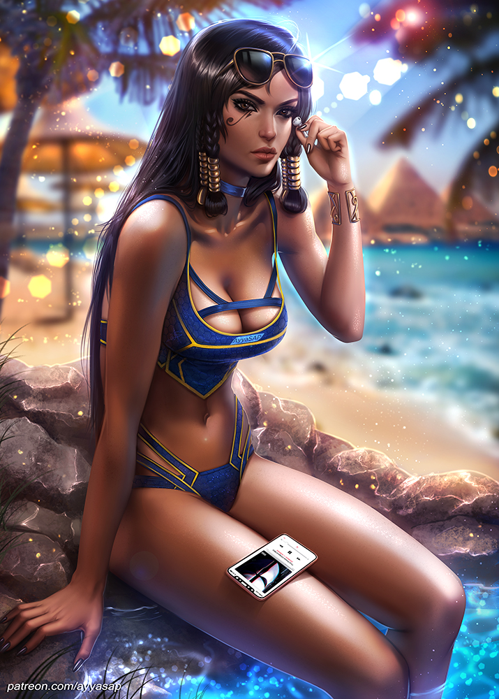 1girl artist_name ayya_saparniyazova beach bikini_bottom black_hair blue_nails blue_sky blue_swimsuit blurry blurry_background breasts brown_eyes cellphone cleavage collarbone cowboy_shot dark_skin egypt eye_of_horus eyeliner facial_mark facial_tattoo fingernails glint hair_tubes iphone lens_flare_abuse light_particles lips long_fingernails long_hair looking_at_viewer makeup medium_breasts nail_polish navel nose outdoors overwatch palm_tree pharah_(overwatch) phone pyramid realistic rock side_braids signature sitting sitting_on_rock sky smartphone soaking_feet solo strap_gap sunglasses sunglasses_on_head swimsuit tattoo tree umbrella water watermark web_address