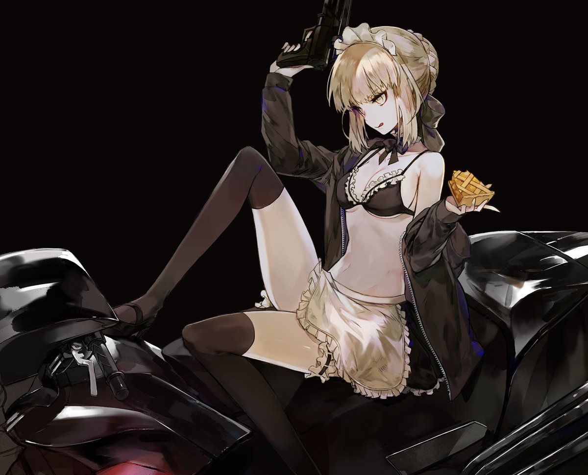 1girl :q apple_pie apron arm_up artoria_pendragon_(all) artoria_pendragon_(swimsuit_rider_alter)_(fate) bangs bikini bikini_under_clothes black_background black_bow black_bowtie black_jacket black_legwear black_shoes blonde_hair bow bowtie braid breasts cleavage detached_collar fate/grand_order fate_(series) food french_braid frilled_bikini frills groin ground_vehicle gun hair_bun hair_ribbon handgun holding holding_food holding_gun holding_weapon jacket knee_up leg_garter long_sleeves looking_to_the_side maid maid_bikini maid_headdress medium_breasts mo_(mocopo) motor_vehicle motorcycle navel off_shoulder pie pistol ribbon saber_alter shoes short_hair sidelocks sitting slice_of_pie smile solo swimsuit thigh-highs tongue tongue_out weapon weapon_request yellow_eyes zipper