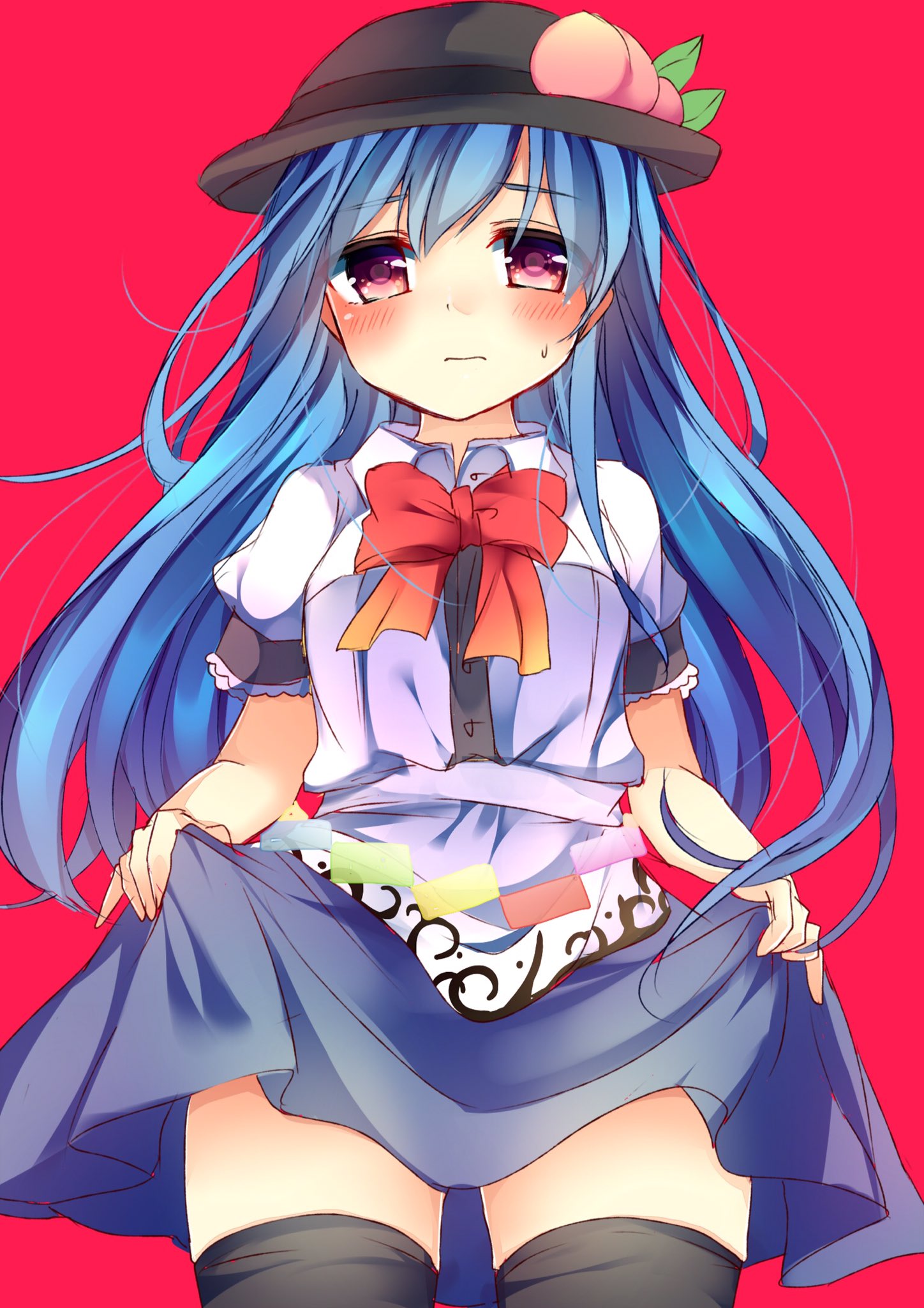 1girl bangs black_hat black_legwear blue_hair blue_skirt blush bow bowtie closed_mouth collared_shirt commentary_request cowboy_shot eyebrows_visible_through_hair food fruit hair_ornament hat highres hinanawi_tenshi karasusou_nano leaf_hair_ornament lifted_by_self long_hair looking_at_viewer peach purple_hair red_background red_bow red_bowtie shirt short_sleeves simple_background skirt skirt_lift solo sweat thigh-highs touhou white_shirt zettai_ryouiki