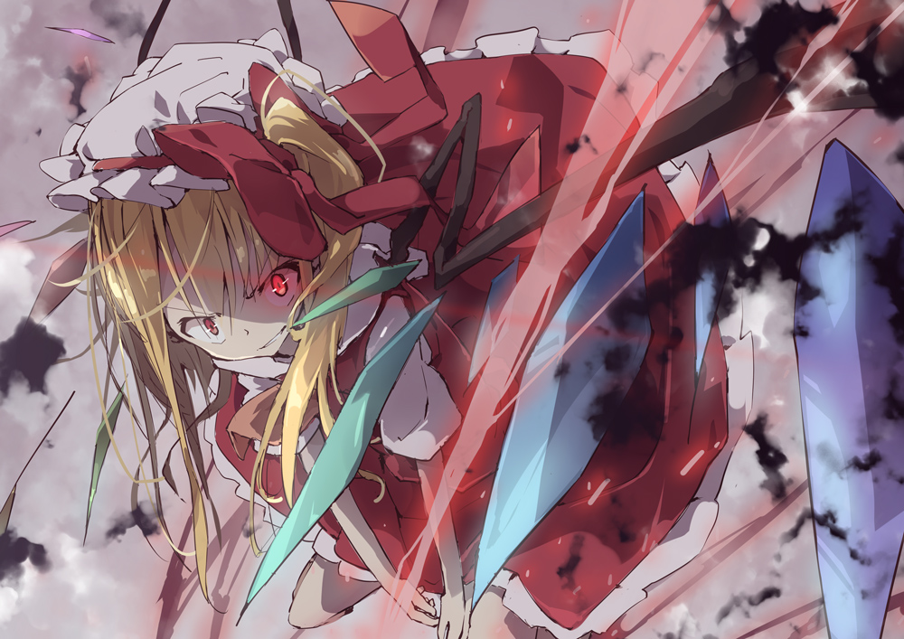 &gt;:) 1girl bangs blonde_hair bow commentary_request crazy_eyes crystal flandre_scarlet glowing glowing_eyes hat hat_bow itsutsuki looking_at_viewer mob_cap puffy_short_sleeves puffy_sleeves red_bow red_eyes red_skirt shirt short_sleeves side_ponytail skirt skirt_set smirk solo touhou white_shirt wings