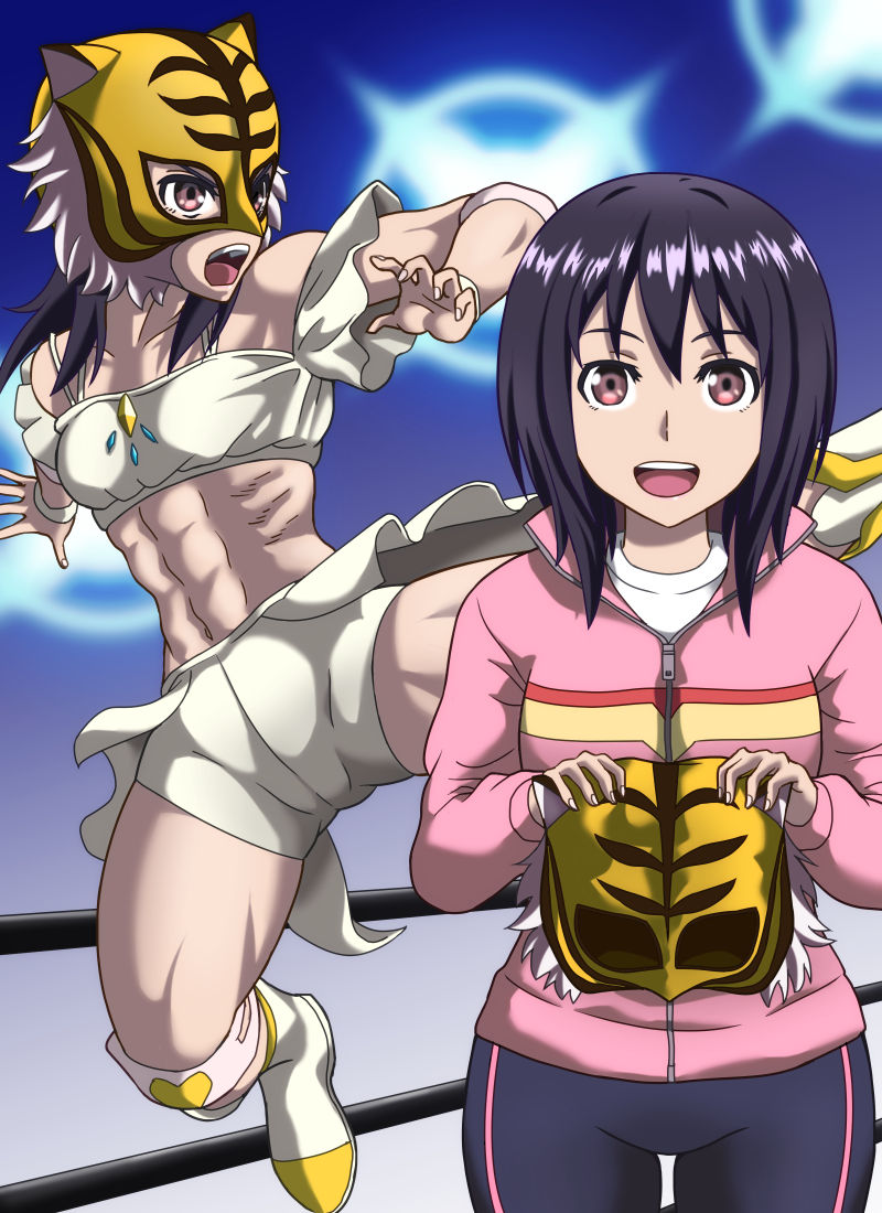 1girl abs bare_shoulders black_hair boots brown_eyes commentary_request dual_persona elbow_pads mask midriff spring_tiger takaoka_haruna tiger_mask_(series) tiger_mask_w track_suit wasabi_shoujo wrestling_outfit wrestling_ring