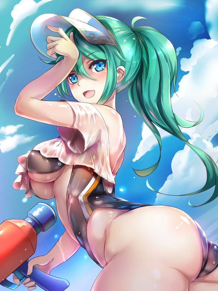 1girl aqua_hair artemis_(p&amp;d) ass bikini black_swimsuit blue_eyes blue_sky breasts clouds cloudy_sky crop_top day holding long_hair looking_at_viewer medium_breasts outdoors ponytail puzzle_&amp;_dragons sky smile solo suoni_(deeperocean) swimsuit under_boob visor_cap water_gun wet