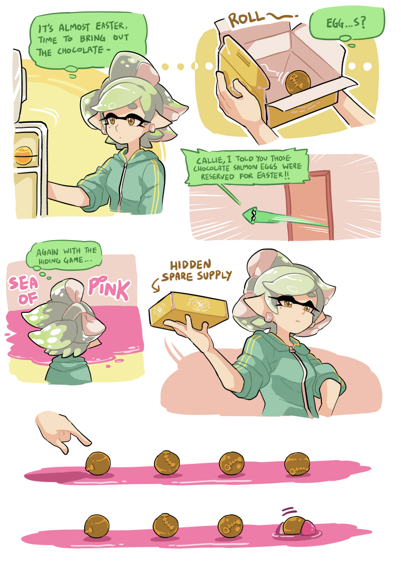 +_+ 1girl aori_(splatoon) casual chocolate closed_mouth comic domino_mask earrings english food green_jacket grey_hair hand_on_hip holding hood hoodie hotaru_(splatoon) jacket jersey jewelry long_sleeves mask mole mole_under_eye paint_splatter pointy_ears refrigerator salmon_run short_hair splatoon splatoon_2 squid standing tentacle_hair wong_ying_chee