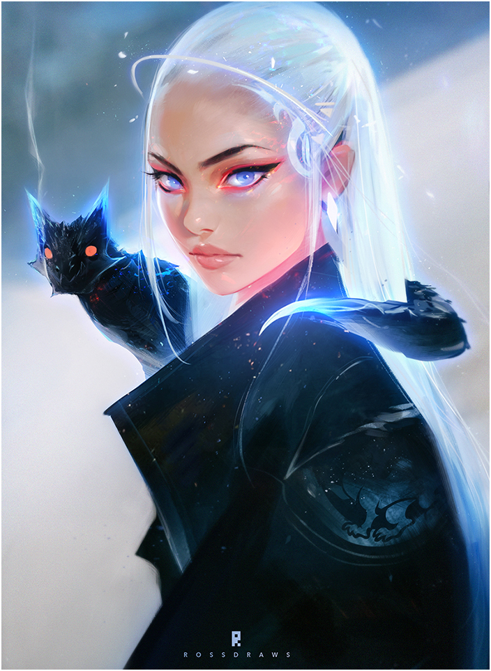 1girl a_song_of_ice_and_fire blue_eyes daenerys_targaryen dragon dragon_on_shoulder eyebrows eyelashes forehead game_of_thrones glowing lips long_hair mini_dragon nose ross_tran solo upper_body white_hair