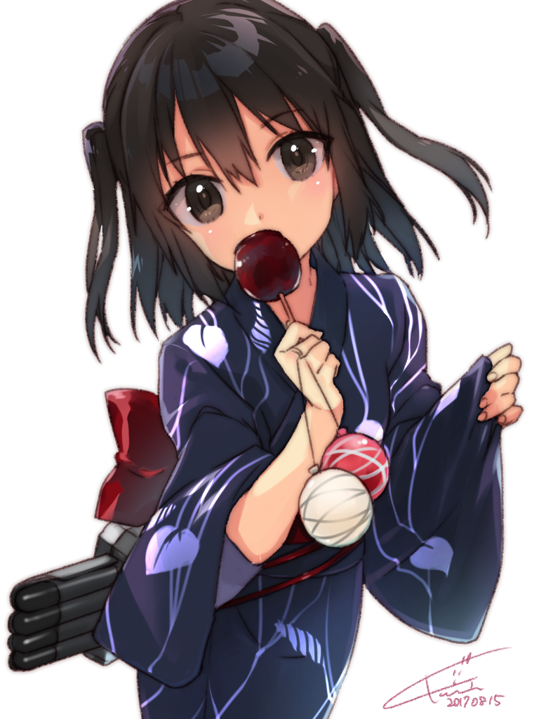 10s 1girl alternate_costume black_eyes black_hair candy_apple food hair_between_eyes holding holding_food japanese_clothes kantai_collection kimono koruri obi sash sendai_(kantai_collection) short_hair simple_background solo torpedo two_side_up white_background yukata