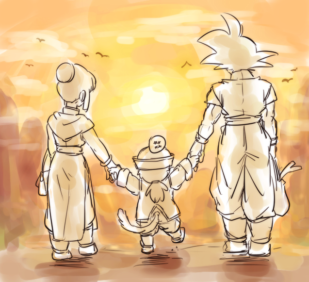 1girl 2boys back_turned bag bird boots chi-chi_(dragon_ball) child chinese_clothes clouds couple dougi dragon_ball dragon_ball_(object) dragonball_z family father_and_son food fruit greyscale hand_holding hat monochrome mother_and_son multiple_boys orange short_hair sky son_gohan son_gokuu sunlight sunset tail tied_hair tkgsize vegetable walking