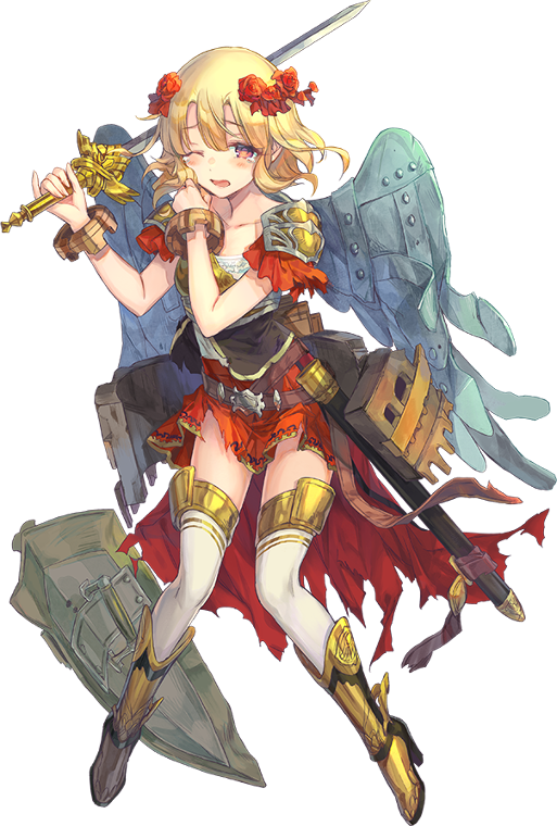 1girl ;o armor azutarou blonde_hair castel_sant'angelo_(oshiro_project) flower full_body hair_flower hair_ornament holding holding_shield holding_shoulder holding_sword holding_weapon official_art one_eye_closed oshiro_project oshiro_project_re red_eyes red_skirt shield skirt sword tearing_up thigh-highs torn_clothes torn_skirt transparent_background unsheathed wavy_hair weapon white_legwear wings