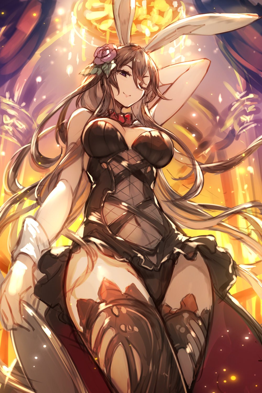 1girl animal_ears bare_shoulders brown_hair fishnets flower frilled_skirt frills from_below granblue_fantasy hair_flower hair_ornament highres kakage long_hair looking_at_viewer navel one_eye_closed rabbit_ears rosetta_(granblue_fantasy) skirt smile solo thigh-highs tray violet_eyes