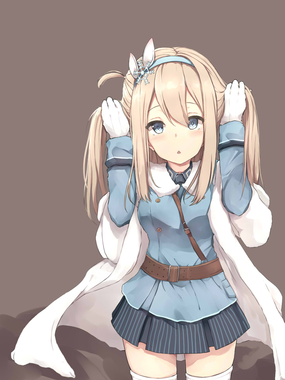 1girl ahokoo bangs belt between_breasts black_skirt blonde_hair blue_eyes blue_skirt blush breasts brown_background bunching_hair cowboy_shot fur_collar girls_frontline hair_between_eyes hair_ornament hairband highres long_hair looking_at_viewer medium_breasts military military_uniform miniskirt open_mouth sidelocks simple_background skirt snowflake_hair_ornament solo strap_cleavage striped suomi_kp31_(girls_frontline) thigh-highs triangle_mouth twintails uniform vertical-striped_skirt vertical_stripes white_legwear zettai_ryouiki