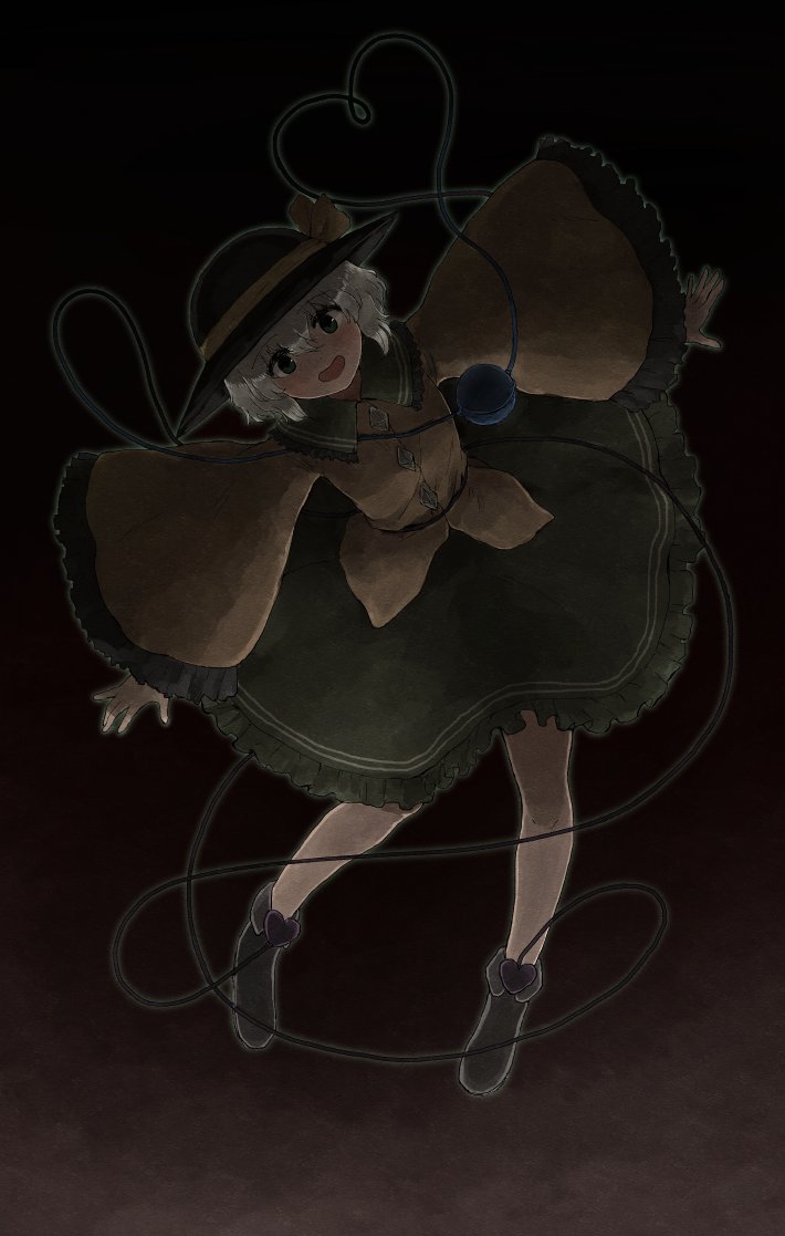 1girl :d boots bow darkness frilled_skirt frilled_sleeves frills green_eyes green_hair hat hat_bow heart heart_of_string komeiji_koishi open_mouth outstretched_arms skirt smile solo tebukuro_withana third_eye touhou