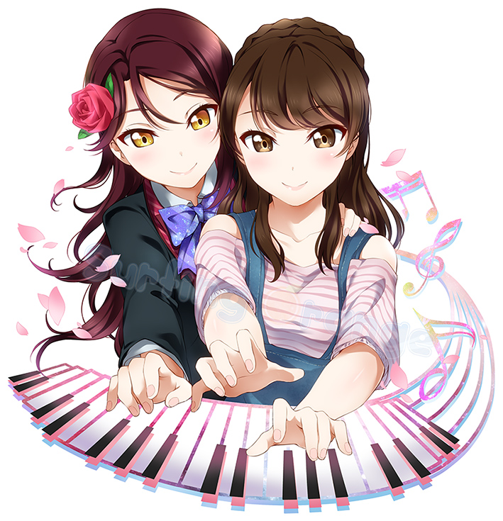 2girls aida_rikako arm_around_shoulder artist_name bangs bow bowtie brown_eyes brown_hair flower hair_flower hair_ornament hand_on_another's_shoulder instrument long_sleeves love_live! love_live!_sunshine!! multiple_girls music musical_note overalls petals piano_keys playing_instrument playing_piano purple_bow purple_bowtie redhead rose sakurauchi_riko seiyuu_connection shirt smile striped striped_shirt surfing_orange upper_body watermark yellow_eyes