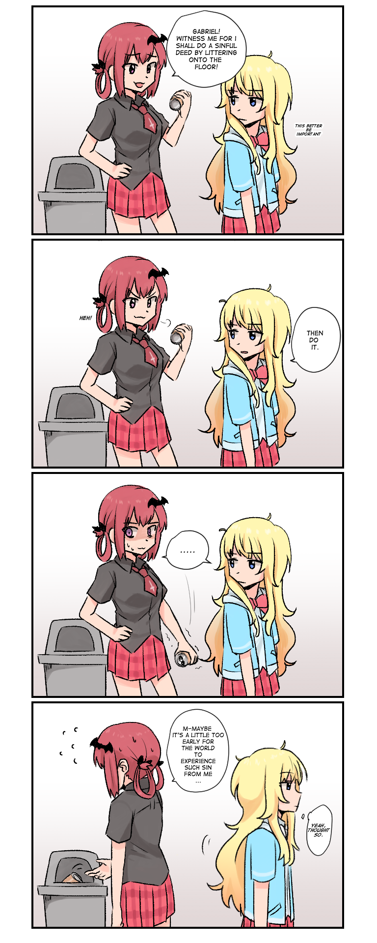 2girls 4koma :3 :d ahoge bangs bat_hair_ornament black_skirt blonde_hair blue_eyes blunt_bangs bow bowtie breasts can collared_shirt comic cowboy_shot cross_print dress_shirt english eyebrows_visible_through_hair gabriel_dropout garbage_container hair_ornament hair_rings hand_on_hip highres holding holding_can hood hood_down hooded_jacket jacket jitome kurumizawa_satanichia_mcdowell long_hair looking_at_another multiple_girls necktie open_mouth pink_bow pink_bowtie pleated_skirt red_necktie red_skirt redhead rokettopencil school_uniform shirt short_hair short_sleeves sidelocks skirt smile standing tenma_gabriel_white track_jacket trash_can very_long_hair violet_eyes white_shirt wing_collar