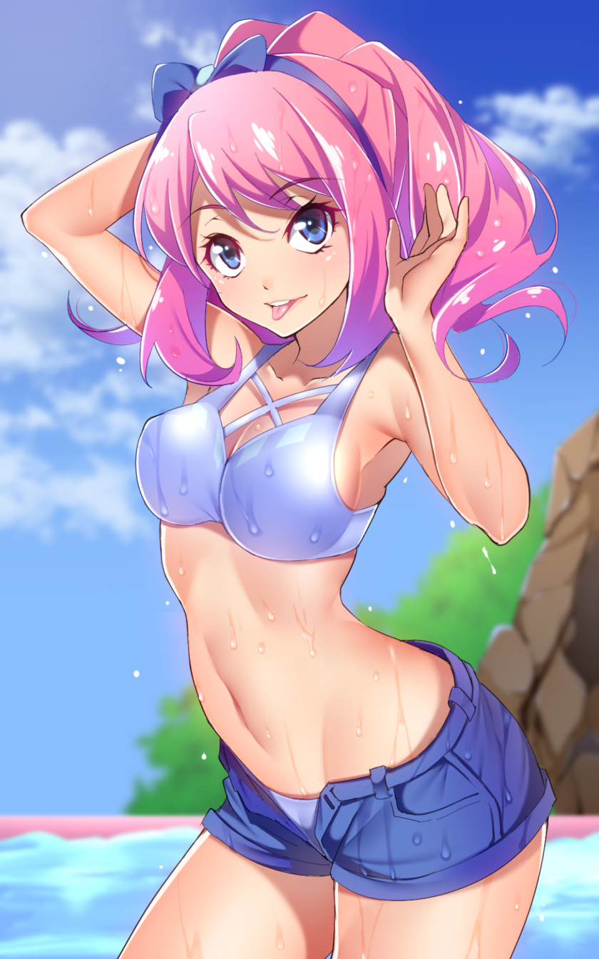 1girl aikatsu! arm_up bangs bikini blue_eyes blue_sky breasts contrapposto day eyebrows_visible_through_hair hand_up highres kippuru long_hair looking_at_viewer medium_breasts ocean open_fly outdoors pink_hair ponytail sakuraba_rola short_shorts shorts sky solo swimsuit teeth tongue tongue_out wavy_hair wet white_bikini