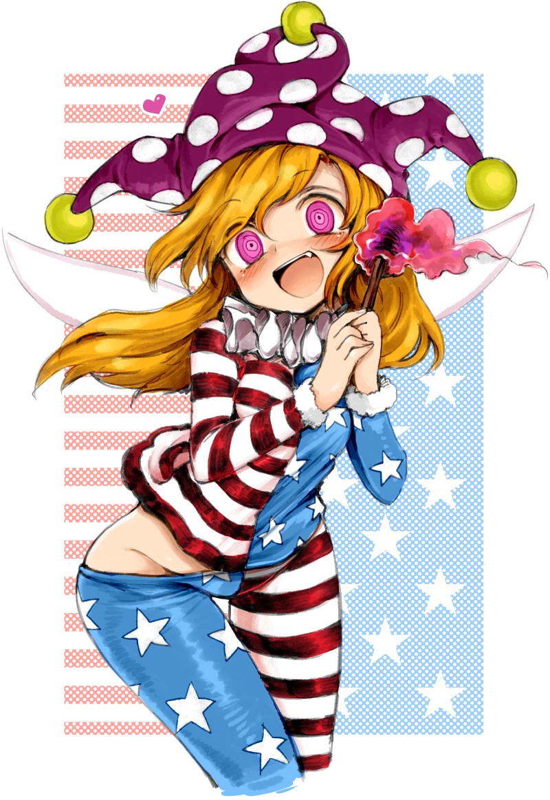 1girl american_flag_dress bangs blonde_hair clownpiece cropped_legs dress fairy_wings fang fire fur_trim harusame_(unmei_no_ikasumi) hat head_tilt heart holding jester_cap leaning_forward long_hair long_sleeves looking_at_viewer microdress neck_ruff no_panties pantyhose pantyhose_pull pink_hair polka_dot ringed_eyes smile solo star star_print striped thigh_gap torch touhou wings