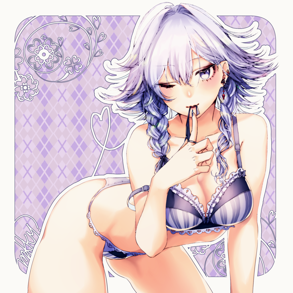 1girl bare_arms bare_legs bare_shoulders bra braid breasts cleavage eyeliner grey_eyes hair_between_eyes izayoi_sakuya lace lace-trimmed_bra lace-trimmed_panties leaning_forward looking_at_viewer makeup medium_breasts mokokiyo_(asaddr) panties short_hair_with_long_locks silver_hair smile solo strap_slip touhou twin_braids underwear underwear_only