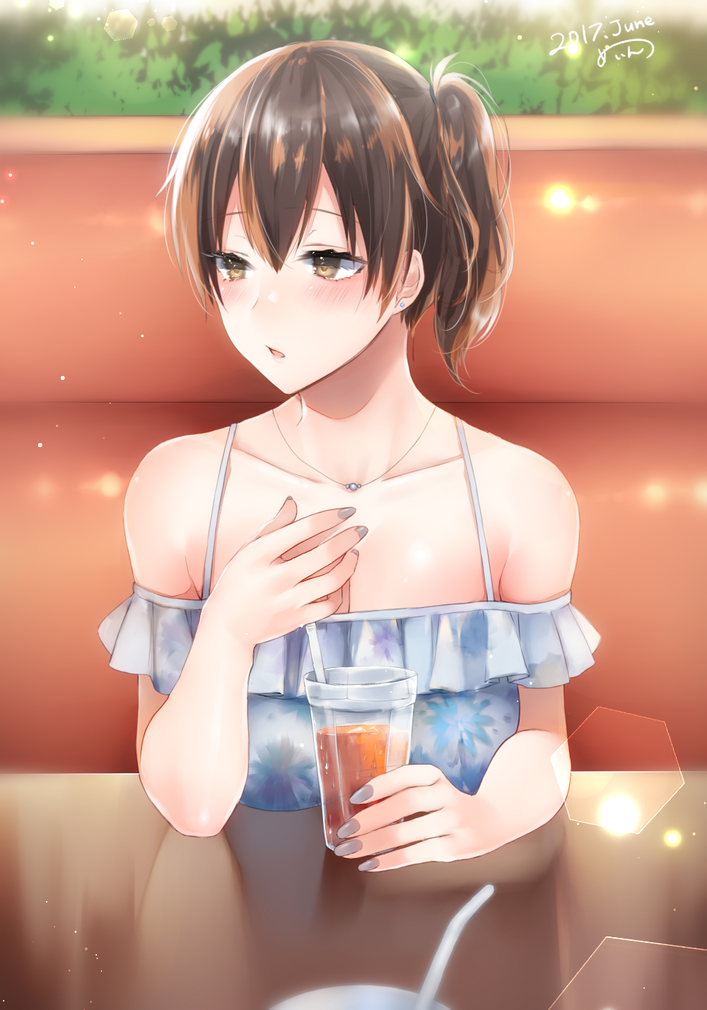 10s 1girl alternate_costume bare_shoulders blue_dress blush breasts brown_eyes brown_hair casual chestnut_mouth collarbone commentary_request contemporary date detached_sleeves dress earrings floral_print hair_between_eyes highres interacting_with_viewer jewelry kaga_(kantai_collection) kantai_collection large_breasts looking_to_the_side nail_polish off-shoulder_dress off_shoulder parted_lips pendant pov_across_table sakiryo_kanna short_ponytail side_ponytail sitting twitter_username upper_body