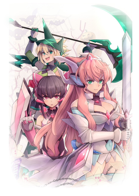 3girls akatsuki_kirika black_hair blonde_hair blue_eyes breasts cleavage closed_mouth commentary_request covered_navel elbow_gloves gloves green_eyes hair_ornament holding holding_weapon leotard long_hair looking_at_viewer maria_cadenzavna_eve multiple_girls open_mouth pink_hair scythe senki_zesshou_symphogear short_hair smile sword tsukuyomi_shirabe twintails v very_long_hair weapon yude