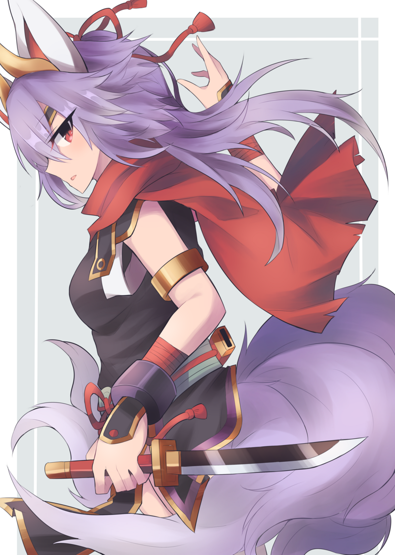 1girl animal_ears armlet breasts cowboy_shot fox_ears fox_tail from_side holding holding_sword holding_weapon horns kuon_(shinrabanshou) kyuubi looking_at_viewer looking_to_the_side multiple_tails parted_lips pelvic_curtain profile purple_hair red_eyes red_scarf sasa_onigiri scabbard scarf sheath shinrabanshou sleeveless small_breasts solo sword tail weapon